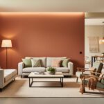 Sunlit modern living room with creamy terracotta and sage green accents, limestone and reclaimed wood textures, and warm, calming lighting.