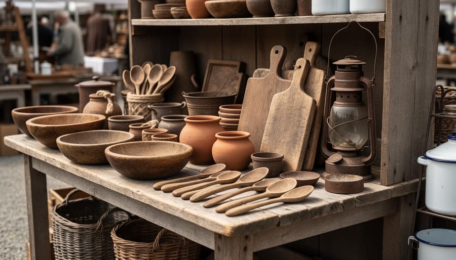 Vintage market tabletop with distressed wooden bowls, pewter cups, cast-iron cookware, and a folk-art sign
