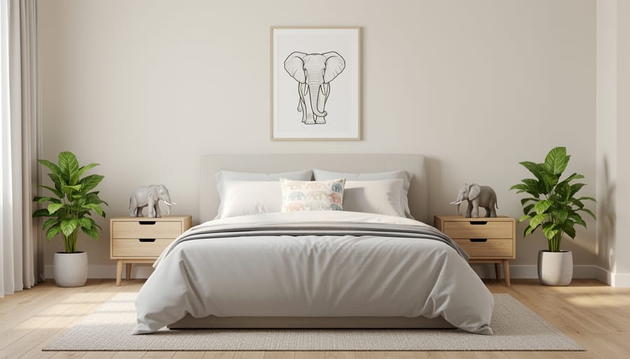 Bedroom decor with elephant-themed ceramic lamps and subtle framed elephant artwork