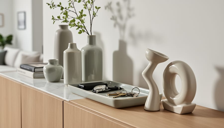 Modern decorative objects styled on a walnut sideboard including a ceramic vase, sculptural bowl, and tray with art books.