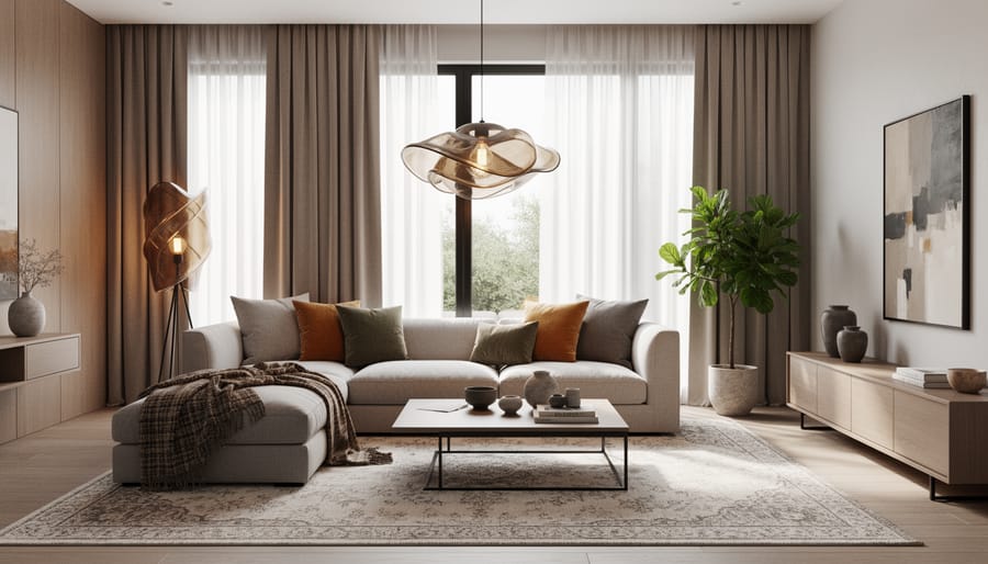 Contemporary living room vignette with sculptural floor lamp, geometric pendant lighting, and layered textured pillows and throw.