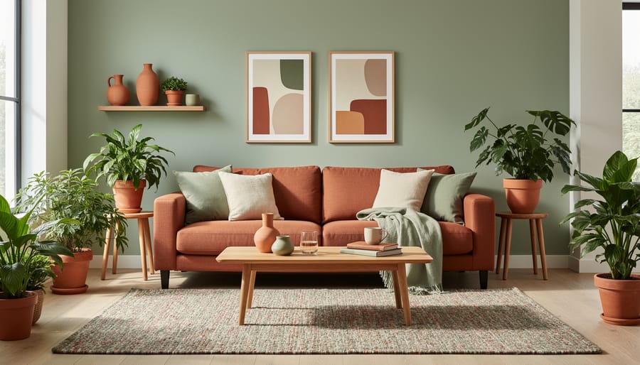 Living room decorated with terracotta and sage green accents, earth-toned textiles, and natural light.