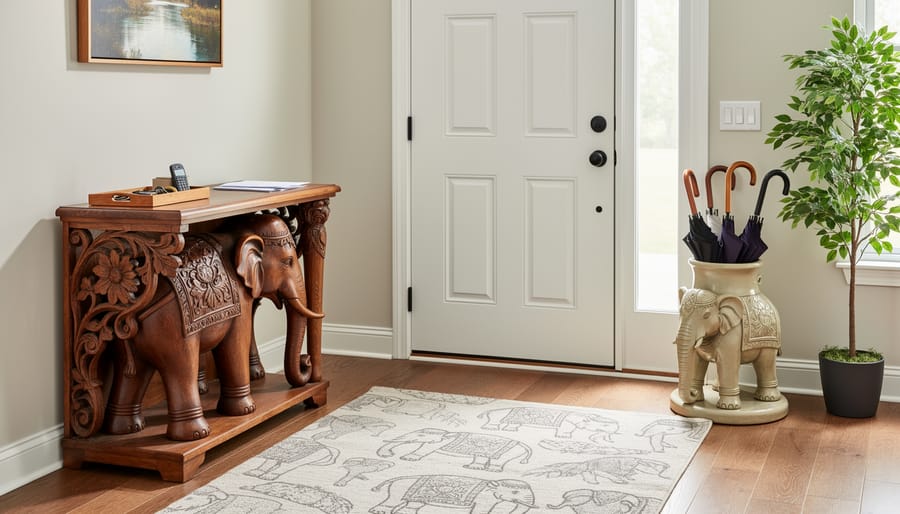 Entryway shelf display with an elephant planter, bookends, and framed elephant line-art print