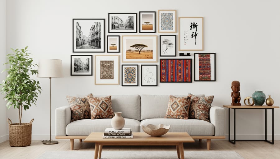 Gallery wall with mixed framed art, patterned textile, and modern wall sconce in a contemporary hallway.