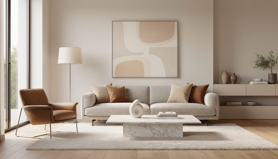 Glamour living room vignette with a champagne velvet sofa, brushed brass lamp, and marble side table.