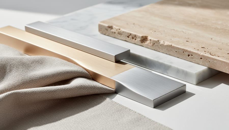 Close-up of linen and silk fabric texture with brushed metal and natural stone elements in warm neutral tones.