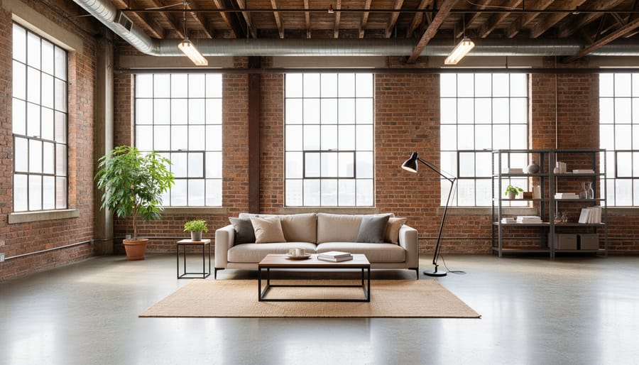 Industrial living room featuring exposed brick, visible metal ducting, and dark wood furniture in a neutral palette.