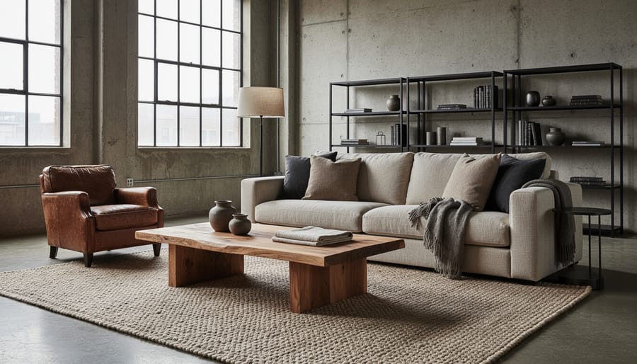 Close-up seating vignette with dark sofa, woven wool throw, neutral pillows, and a metal floor lamp in industrial colors.