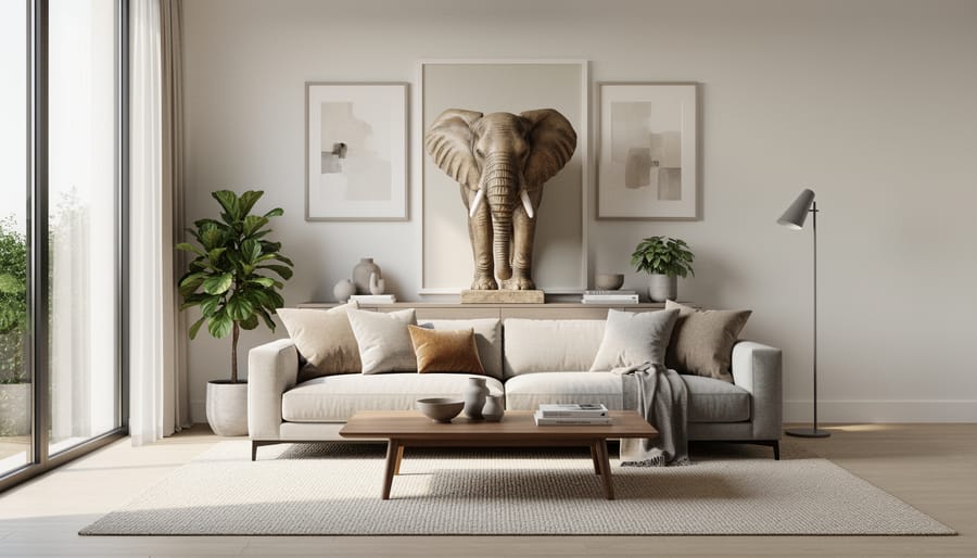 Oversized handcrafted elephant sculpture on a console in a modern living room with neutral furnishings