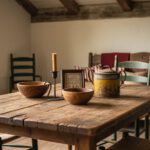 Primitive home decor vignette with a weathered reclaimed-wood harvest table, hand-carved wooden bowls, hand-forged iron candleholder, and folk-art sampler in warm rustic colors.