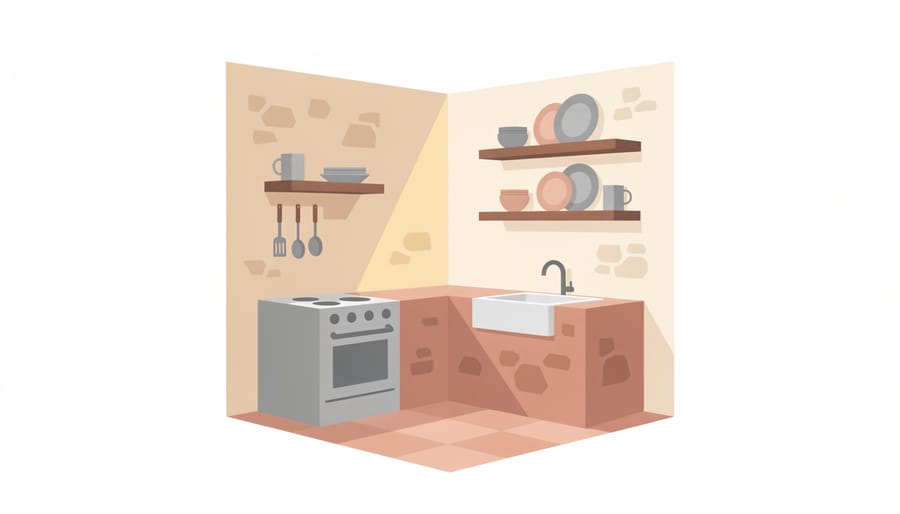 Sunlit primitive kitchen shelves with stoneware crocks, homespun towel, and dried herbs