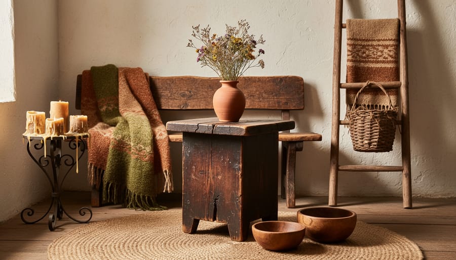 Primitive living room vignette with weathered wooden bench, wrought-iron shelf, and handwoven wool throw
