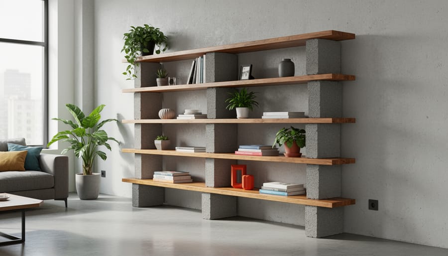 Reclaimed wood and cinderblock industrial shelves holding books and pottery in a minimally styled room.