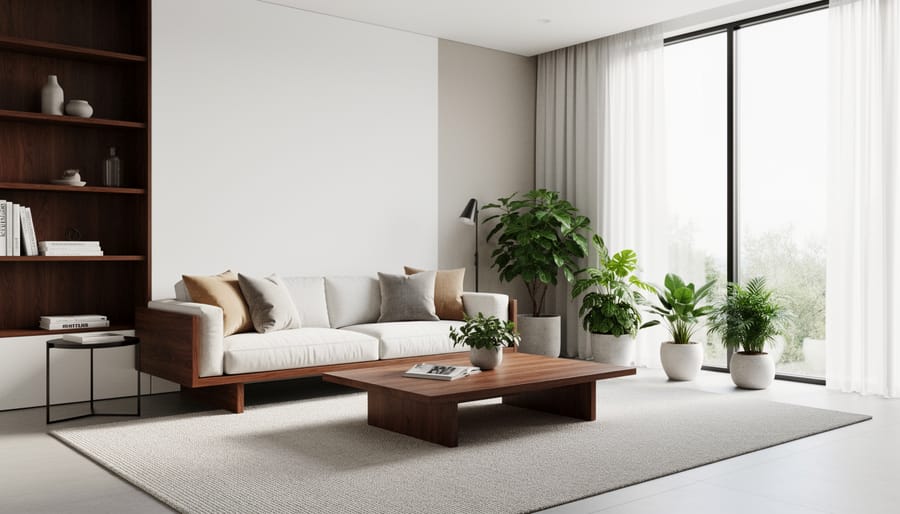 Modern room with walnut cabinetry, crisp white walls, and brass hardware in warm golden light.
