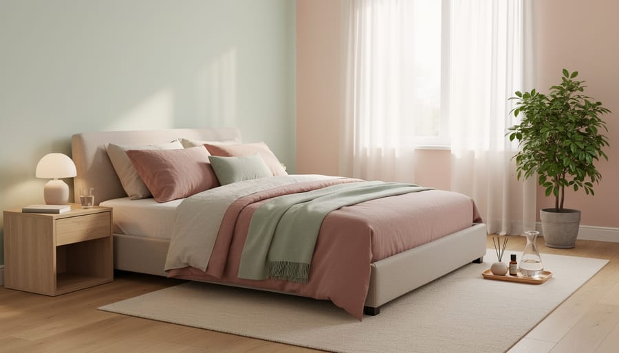 Bedroom styled with dusty blue and lavender bedding and soft pastel accents under gentle light.