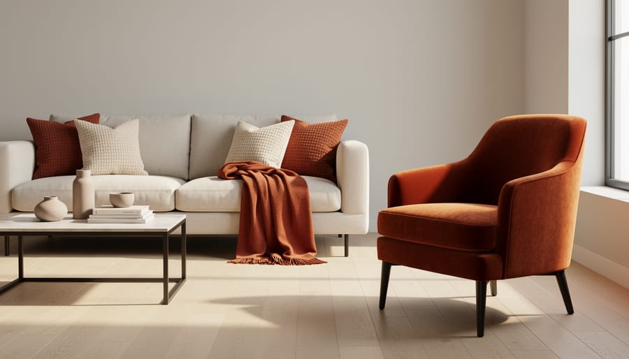 Burnt orange velvet accent chair styled with a throw blanket in a warm neutral living room