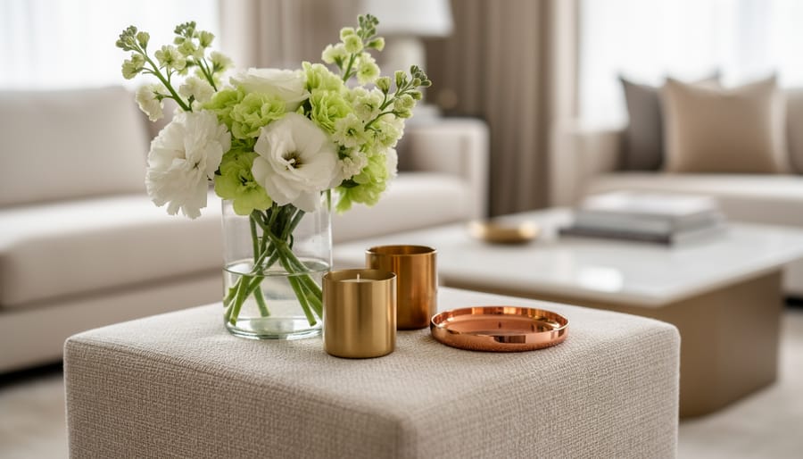 Close-up of a luxury tabletop styling with linen, white orchids, hardcover books, and a brass candle holder