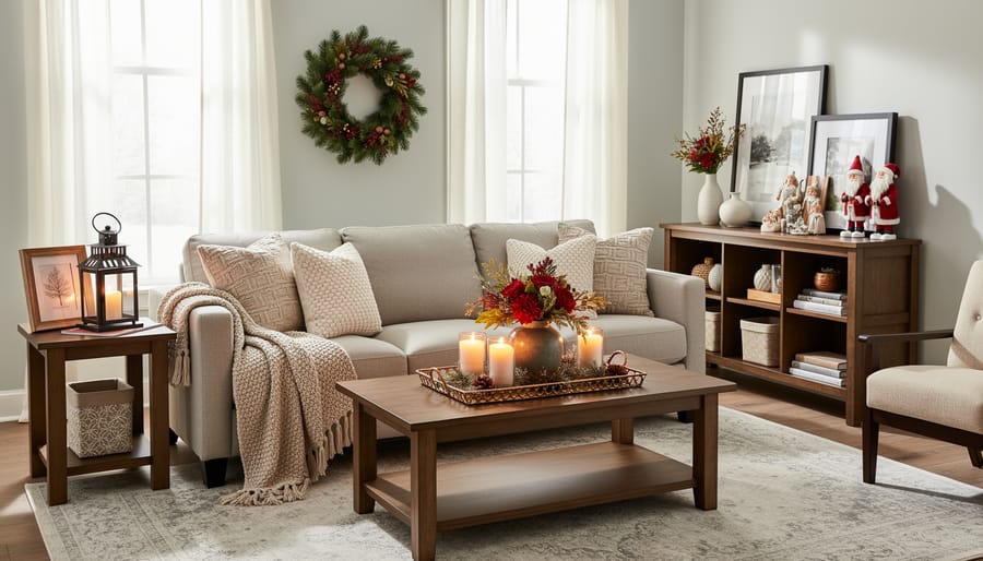 Cozy living room vignette styled with a seasonal wreath, throw pillows, and framed wall art