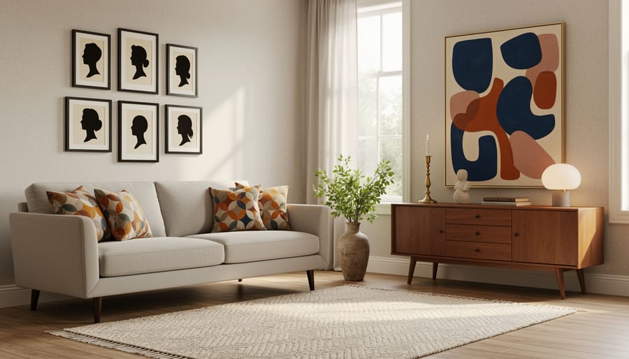 Cozy traditional study vignette with an antique-style Chesterfield sofa, walnut coffee table, modern floor lamp, and abstract artwork