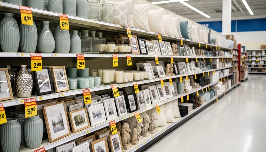 Decorative home items displayed on store shelves in a clearance-style shopping setting