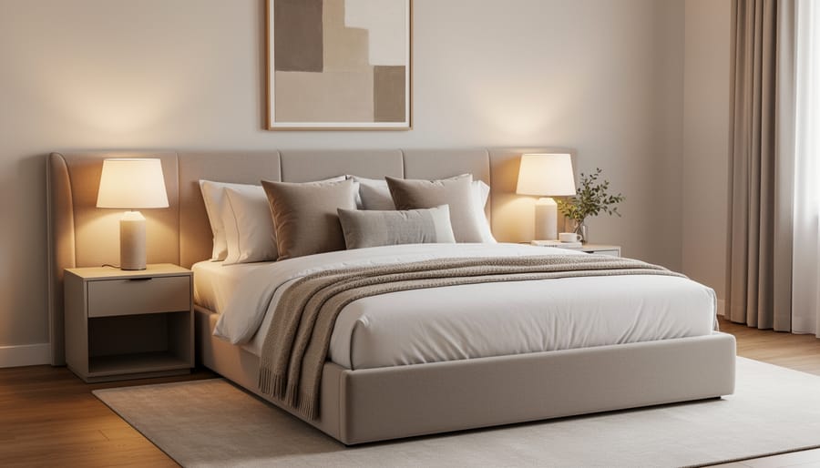 Luxury bedroom retreat with layered bedding, tufted headboard, and warm bedside lamp lighting