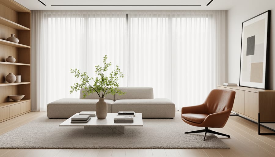 Luxury living room vignette with bouclé sofa, marble coffee table, and brass lamps in muted neutral tones