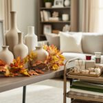 Decoratively arranged home accents on a living-room surface, including ceramic vases, a framed picture, and seasonal garland with fabric and ribbon supplies in the background.