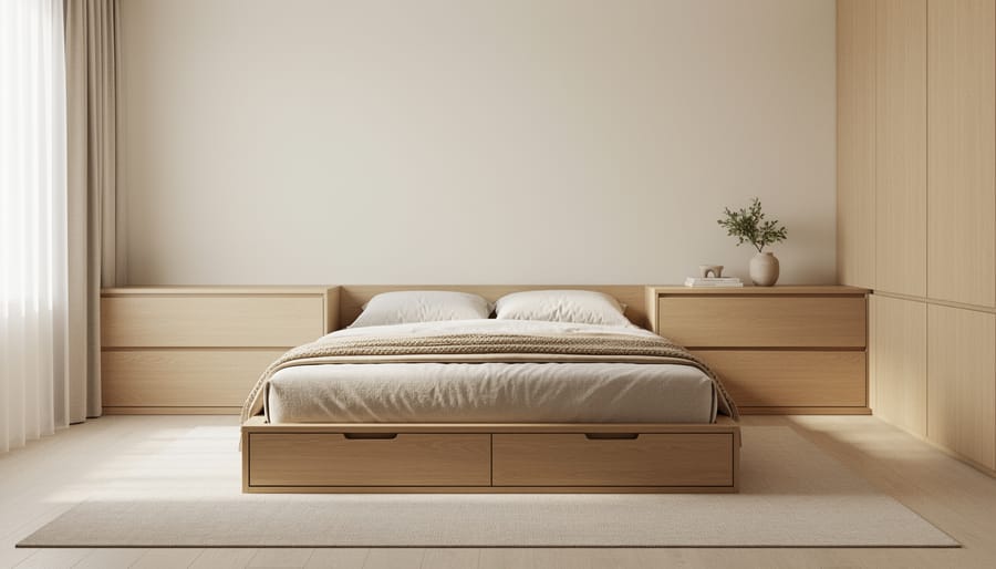 Minimalist bedroom scene with white linens, a wooden bed, and a single bedside lamp