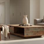Minimalist living room with reclaimed wood furniture, a linen throw on a vintage chair, and a single sculptural vase in a neutral, uncluttered space.