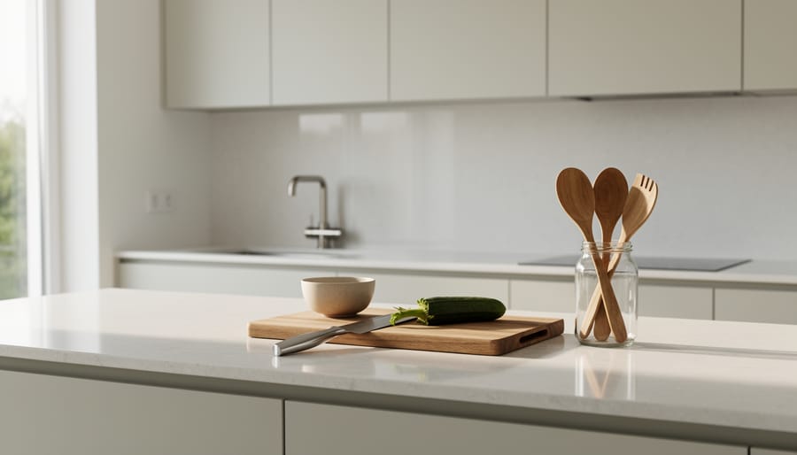 Minimalist kitchen countertop with a clean stone surface, cutting board, ceramic bowl of lemons, and subtle wood accents