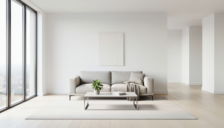 Minimalist living room with a low-profile sofa, linen textiles, a ceramic vase, and soft natural daylight