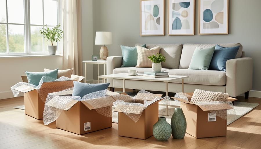 Opened decor package on an entryway bench with hands arranging a throw pillow