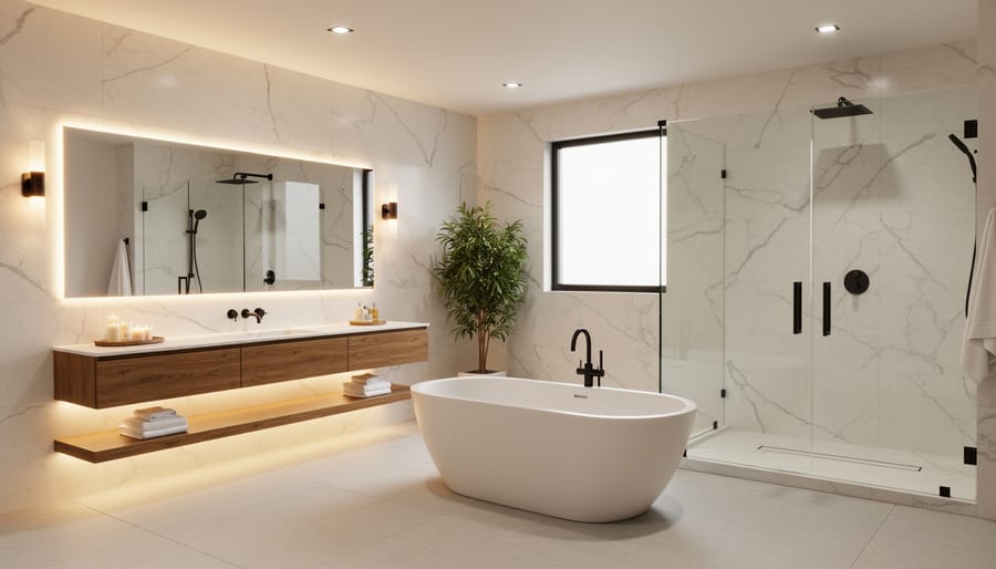 Spa-like bathroom scene with rainfall shower, folded towels, stone sink, and warm backlit mirror