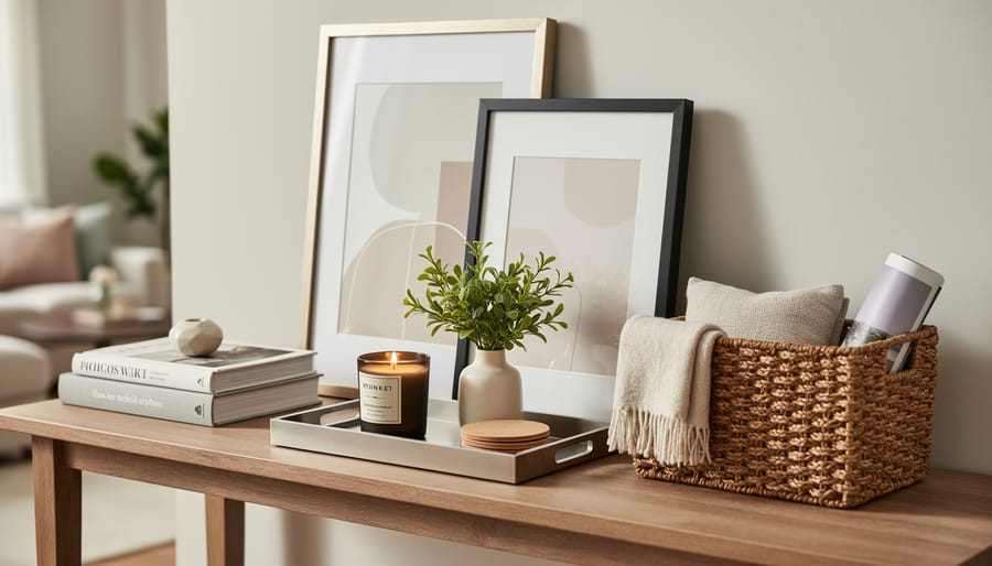 Tabletop arrangement of decorative frames, candles, and baskets in a styled home setting