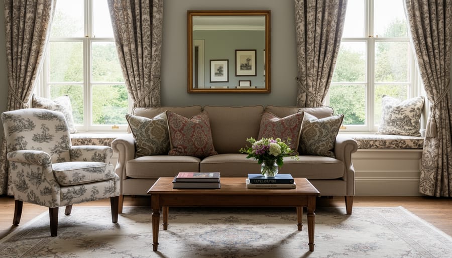 Traditional dining area featuring damask upholstery, toile and floral drapery, and warm lighting over wood wainscoting
