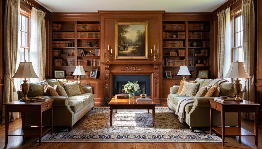 Traditional living room with carved wood furniture, a wingback chair, and layered velvet and linen textiles in warm jewel tones