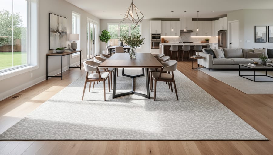 Dining table and chairs placed on a patterned area rug in a combined living-dining room