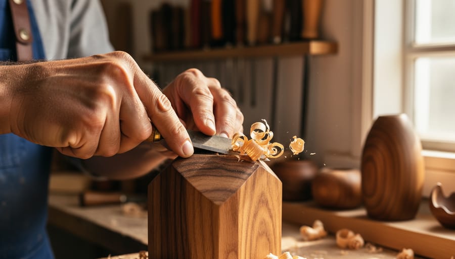 Artisan’s hands carving a small wooden decorative piece on a workbench with tools nearby.