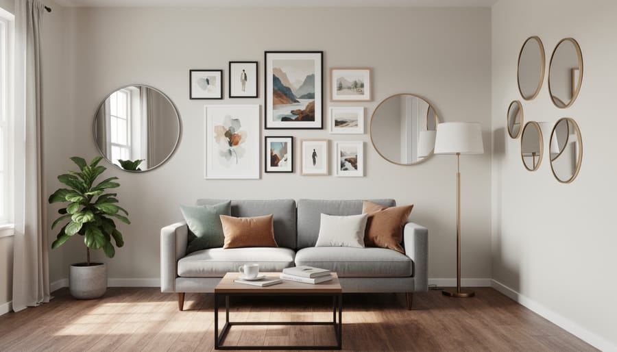 Living room with a framed wall gallery, decorative mirror, and throw pillows styled on a sofa in soft natural light.