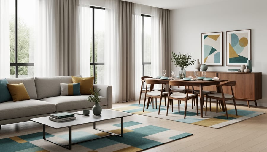 Living-dining room with matching warm neutrals and coordinated furniture tones