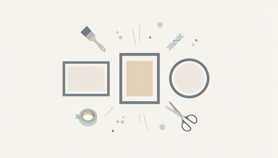 Hands painting a plain wooden picture frame with paintbrush and craft supplies on a work surface.