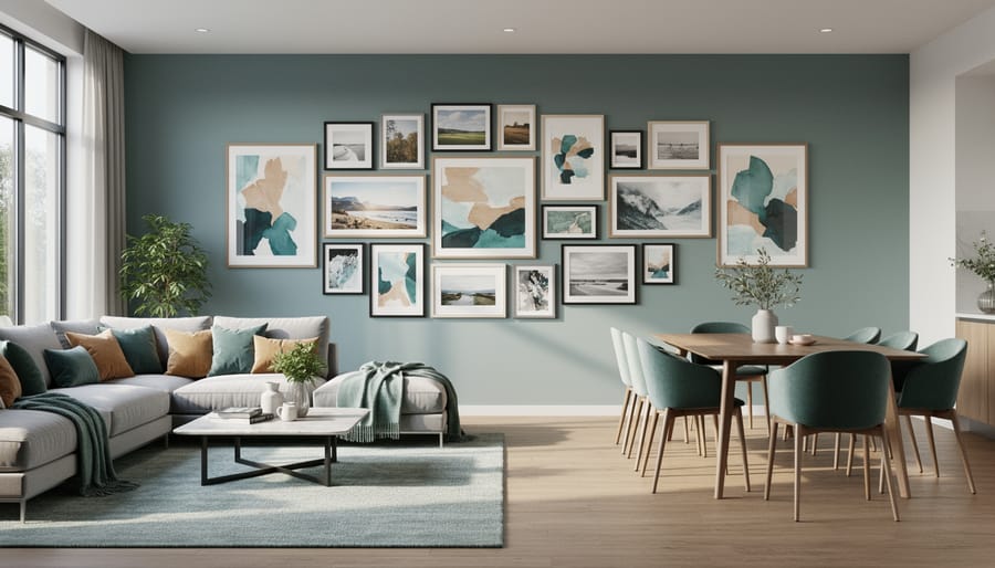 Gallery wall frames spanning both living and dining areas in an open-plan room