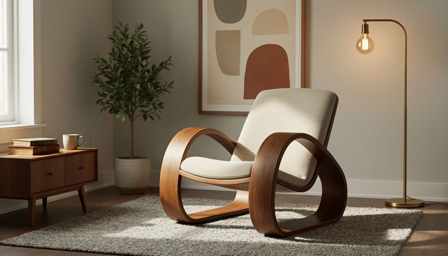 Sculptural Loop chair in a bright reading corner with a cozy throw and side table