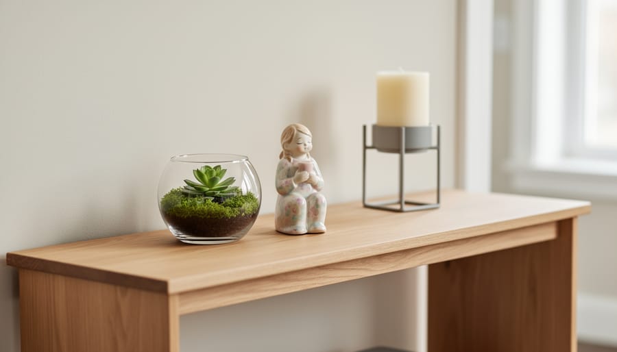 Mini terrarium and small ceramic decor styled on a coffee table with books and tray
