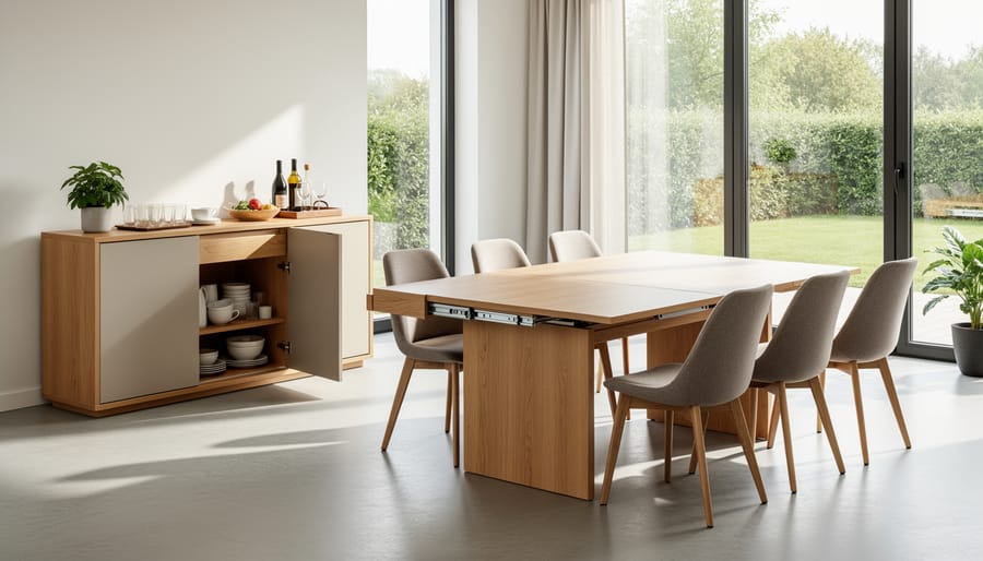 Extendable dining table and dual-purpose sideboard in a combined living and dining room