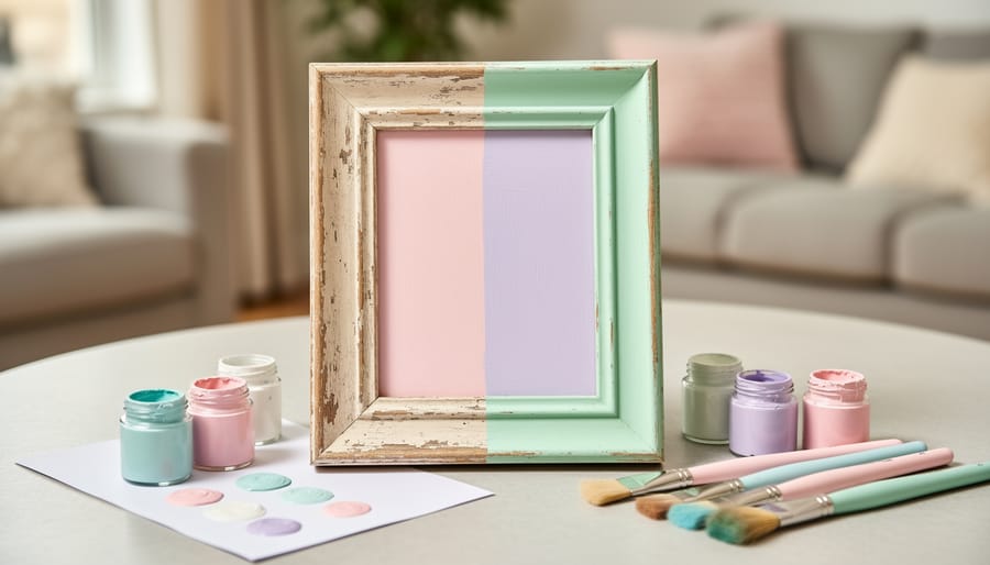 Pastel-painted thrifted picture frame on a craft table with paintbrush and vintage hardware for upcycling