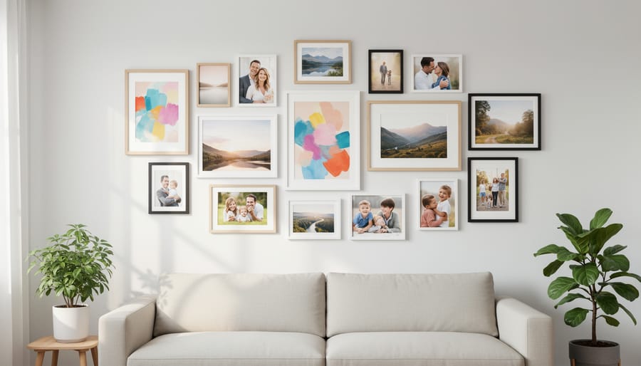 Gallery wall with mixed framed prints and family photos styled above a console table