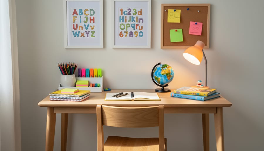 Cute learning-themed desk decor with colorful posters, alphabet board, and a decorative name plate on a home office desk