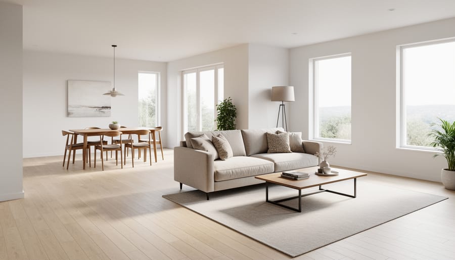Open-plan living dining room showing clear circulation paths between sofa and dining area