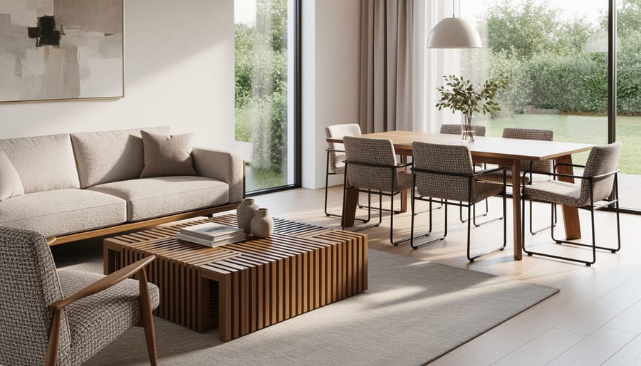 Living and dining areas coordinated with matching wood, metal, and upholstery textures